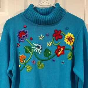 NWT Quacker Factory Embroidered Turtleneck Sweater Turquoise Beaded Art Teacher